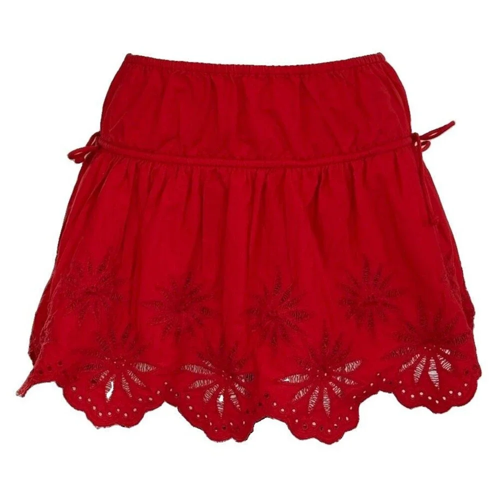 Free People Red Cotton Eyelet Mini Skirt Women Sz S Ruffle Tie Side Resort NWOT